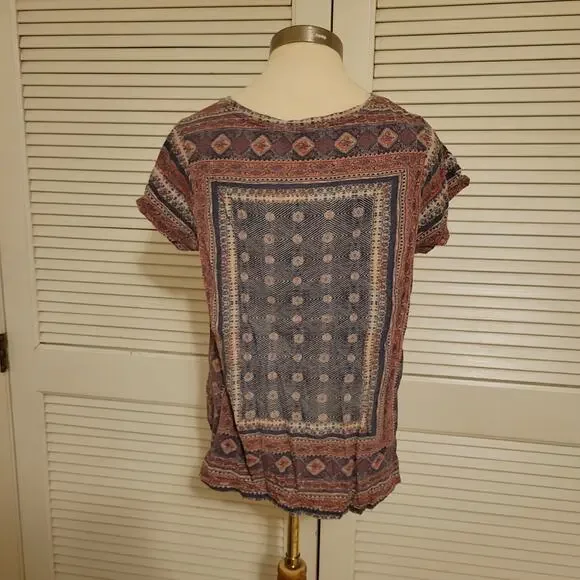 Boho 2000s Lucky Brand XL Geometric Printed Lightweight Linen Blend Tee Shirt XL - Picture 4 of 8